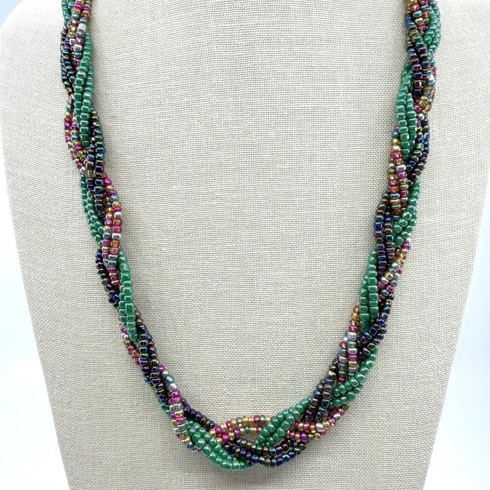 Multi-Color Beaded Twisted Statement Necklace Boho Festival Layering Accessory